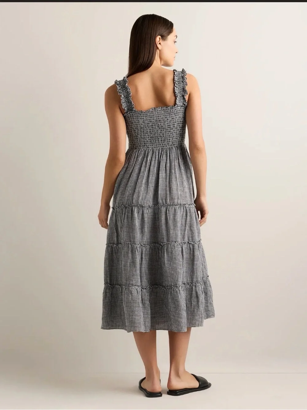 Quince 100% European Linen Smocked Midi Dress - Min Gingham Black/White - Picture 3 of 5